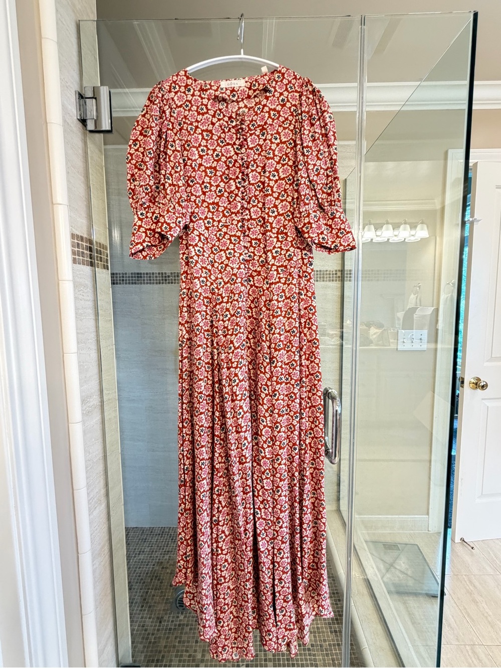 Doen Red Floral Midi Dress with Puff Sleeves size XS